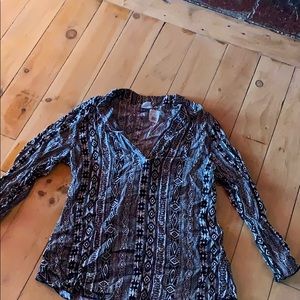 Black and white open neck blouse